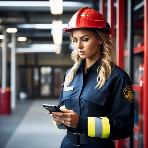 Feuerwehrfrau liest eine Taschenkarte digital als pdf auf einem Smartphone