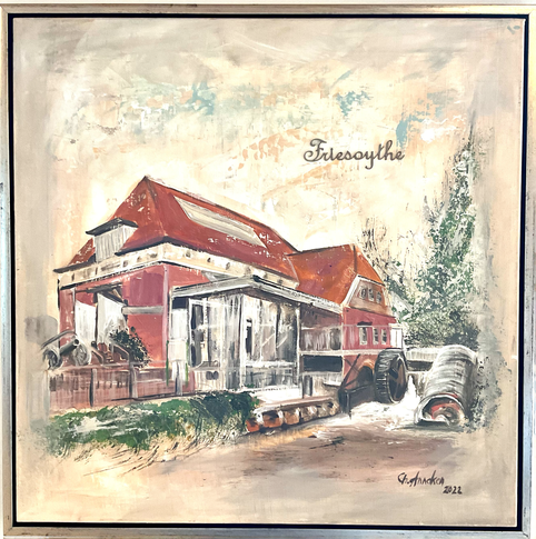 Kulturzentrum "Alte Wassermühle" Friesoythe, Acryl auf strukt. Baumwolle - gemalt mit Wasser aus der Soeste, 70 x 70 cm, 2022