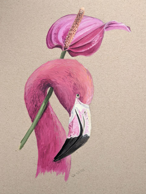 Gouacheillustration "Flamingo mit Flamingoblume": Flamingokopf, der sich um den Stiel einer Flamingoblume legt
