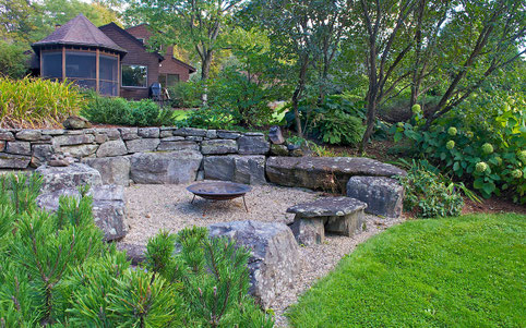 The outdoor fire pit ‘living room’ at Distant Hill Gardens.