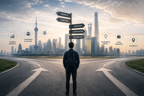 Senior executives discussing career opportunities during an executive search meeting in China, illustrating job hopping trends and leadership recruitment.