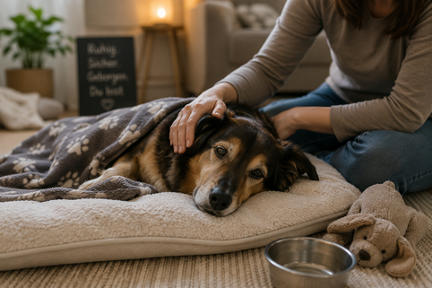 Hund liegt nach einem epileptischen Anfall auf einem weichen Hundebett, während seine Halterin beruhigend neben ihm sitzt. Die ruhige Umgebung vermittelt Fürsorge, Erholung und Nachsorge nach einem Krampfanfall.