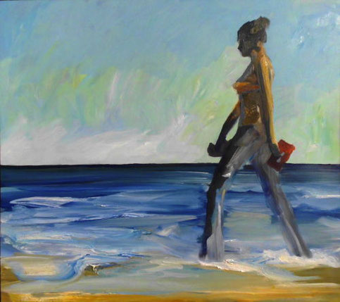strandläuferin, frau geht am strand, Öl/Leinwand