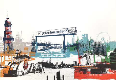 Hamburger Hafen mit Cap Sandiego III, Siebdruck und Mischtechnik auf Papier, 70x100cm, 2021, 1.300€