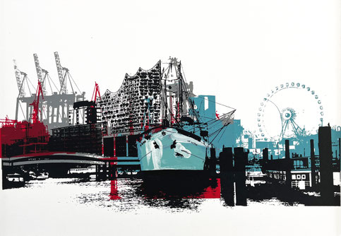 Hamburg Cap Sandiego mit Elbphilharmonie, Siebdruck und Mischtechnik auf Papier, 15x21cm, 2021, 250€