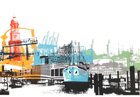 Hamburger Hafen mit Cap Sandiego I, Siebdruck und Mischtechnik auf Papier, 70x100cm, 2021, 1.300€