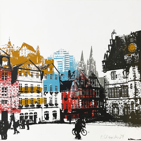 Marburger Marktplatz I, Siebdruck und Mischtechnik auf Papier, 35x35cm, 2024, 500€