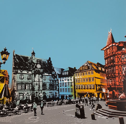 Marktplatz im Irisdruck, Siebdruck auf Papier, 30x30cm, 2024, Limitierte Edition in Variation, 300€
