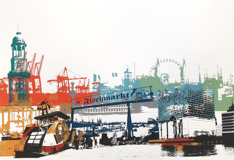 Hamburger Hafen mit Cap Sandiego, Siebdruck und Mischtechnik auf Papier, 70x100cm, 2021, 1.300€