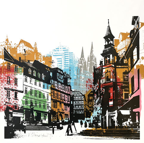 Blick auf oberern Marktplatz, Siebdruck und Mischtechnik auf Papier, 35x35cm, 2024, 500€