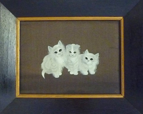 English 19th century folk art silkwork of 3 kittens
