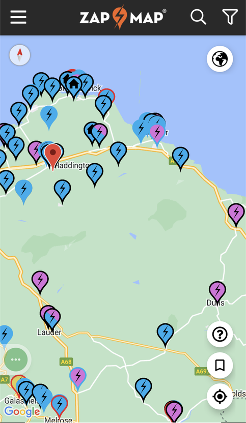 Some charging points in the East Lothian area, shown on Zap Map.