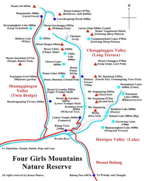 Mount Siguniang Map, Four Sisters Mountain map