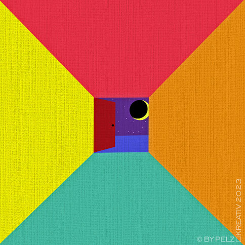 Exponattitel: The Corridor, bunt, digiART, Grafik, © by Pelz Kreativ 2023, Tür, Mond, Sterne, gelb, orange, türkis, rot, blau, Kunst, 
