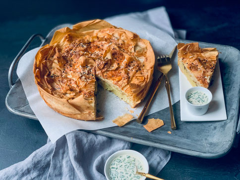 Kartoffeln, Pilze, Strudel, Schnittlauchsauce