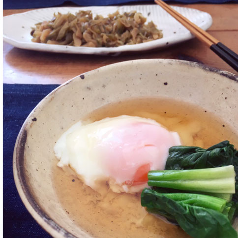 温泉卵　ほうれん草　土鍋　料理　ゆで野菜　出汁つゆ　茨城県笠間市　陶芸家　ブログ