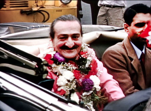 Idelwild Airport, NY - 1956. Meher Baba seated with Eruch Jessawala. Image captured by Anthony Zois from a film by Sufism Reoriented.