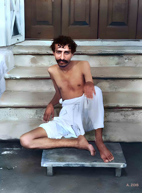 1922 ; On the steps of Manzil-e-Meem, Bombay, India. Image rendition by Anthony Zois.