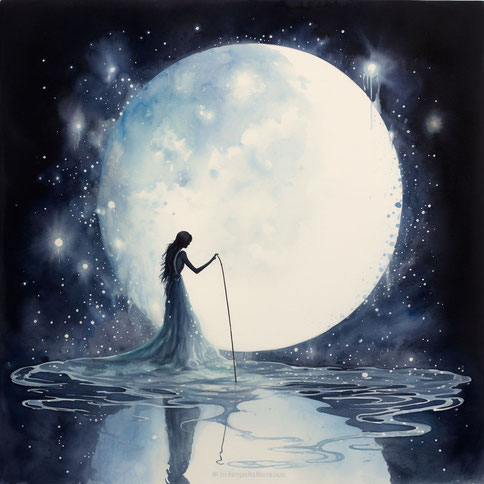 Illustration einer mystischen frau in einem weissen Kleid, sie hält einen Stock in der Hand und steht vor einem sehr grossen Vollmond, es scheint als ob sie auf dem Wasser steht, Sterne und Glitzer umgeben den Vollmond