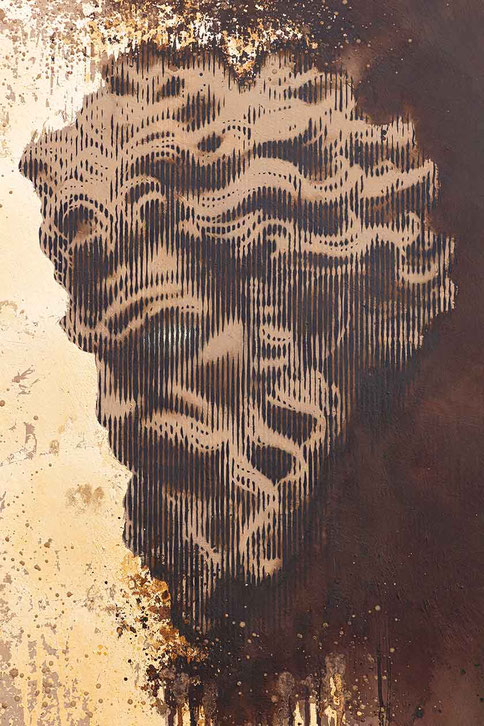 GODFATHER, originales Urban Art Gemälde von Alltich, kraftvolles männliches Profil mit erdiger Patina und goldenem Schlagmetall, Mixed Media mit Lehmgrund, Tusche und Sprühlack auf Leinwand