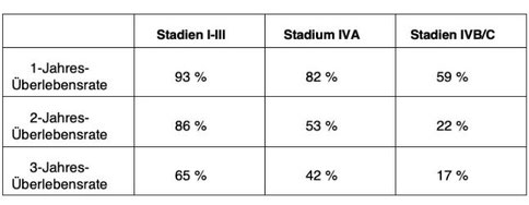 Tabelle zeigt die Gesamt-Überlebensraten für Patienten mit Kopf-Hals-Tumoren nach 1, 2 und 3 Jahren, unterteilt nach Tumorstadien I-III, IVA und IVB/C.