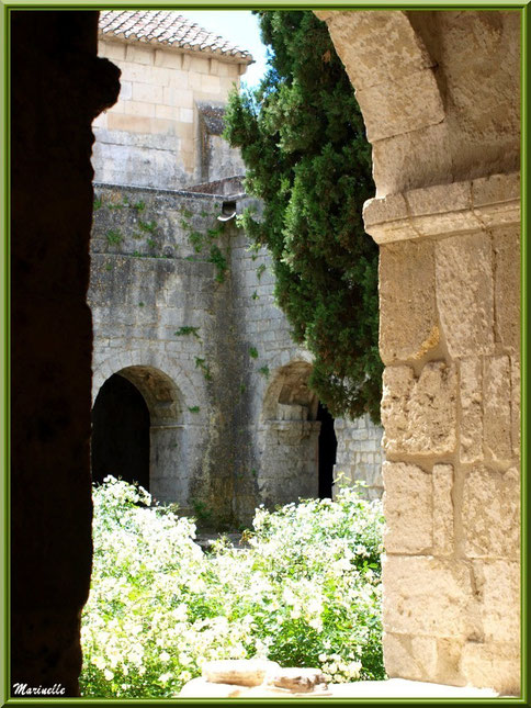 Une des baies du cloître de l'abbaye de Silvacane avec un vestige d'un pied de colonnette et vue sur le jardin intérieur, Vallée de la Basse Durance (13) 