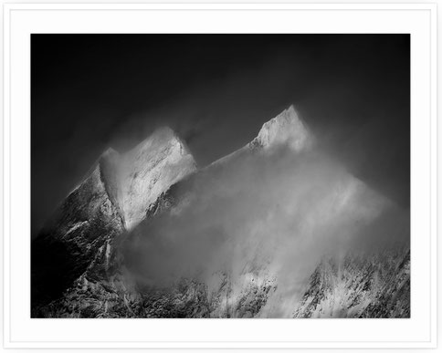 Black and white mountain portrait of Dom and Täschhorn in Valais, Switzerland