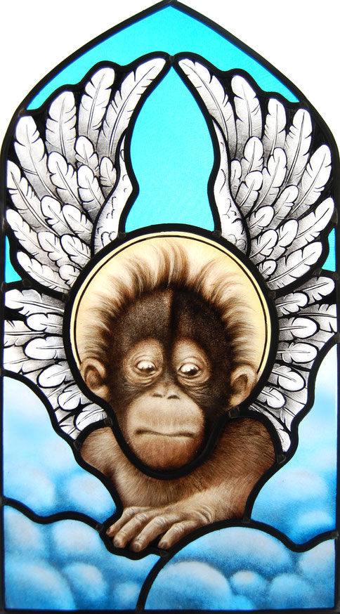 Glas in lood Heilig aapje van Rianne willemsen Utrecht. cherubijn op wolk. stained glass monkey