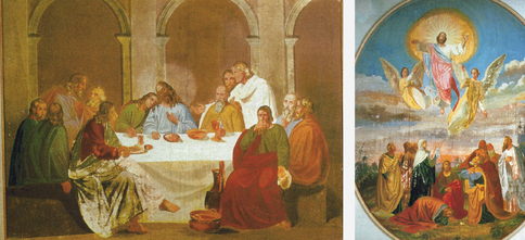 Abb.4+5: Abendmahl und Himmelfahrt Christi, gemalt von Johann Anton Sebastian Amberg. Die beiden Bilder wurden 1974 bei der Renovation der Kirche übermalt.