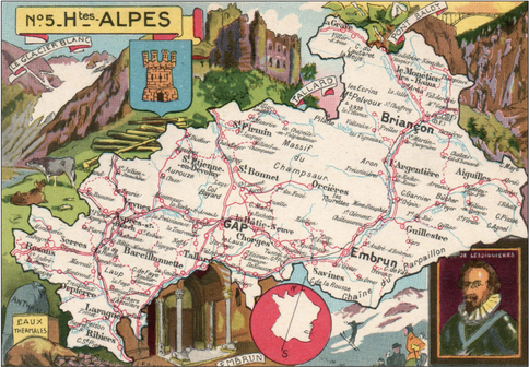 Recto d'une carte postale timbrée au dos envoyée depuis les Hautes-Alpes