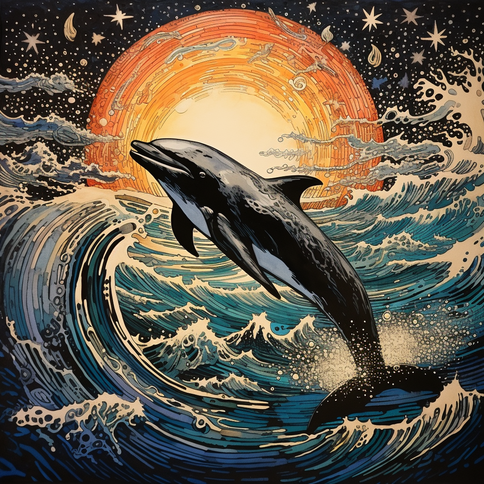 Der Delphin im Ozean mit Sternen und Vollmond dahinter, realistische Darstellung von Licht und Schatten, Orange und Indigo, Meeres- und Küstenmaler
