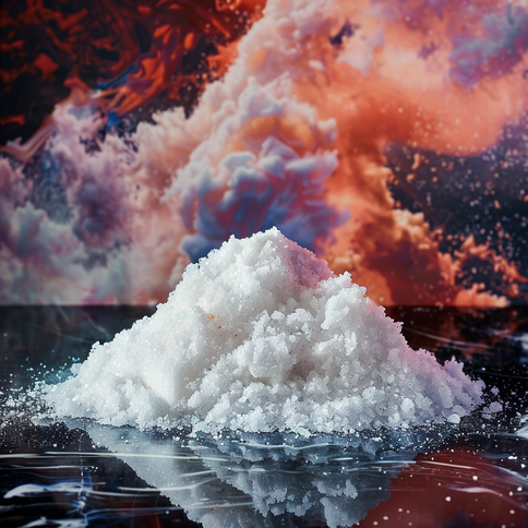 Ein haufen Salz liegt auf einer schönen spiegelnden Stein Oberfläche im Hintergrund ist ein Bild zu sehen mit einer Rauch explosion in den Farben weiss rosa rot und blau zu sehen