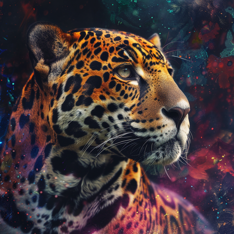 Das Portrait eines Jaguars ist zu sehen, der seitlich nach rechts schaut, im Hintergrund ist ein dunkler Hintergrrund mit roten, magenta, blauen und türkisen farbflecken und hellen punkten