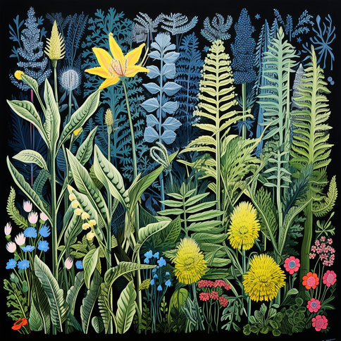 eine Linocut einer illustrierten Landschaft mit einem Blumenarrangement im Stil von sehr detailliertem Blattwerk, dunklem Cyan und Gelb, naturalistischen Schatten, skurriler Wildnis, Hell-Dunkel-Holzschnitten, farbenfrohen Gärten
