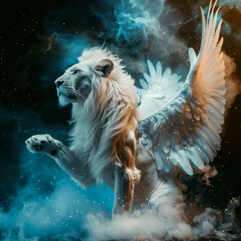 ein märchenhaft schöner weisser Löwe mit weissen Flügel umgeben von weissem und blauem Rauch und glänzenden Punkten, der Hintergrund ist schwarz