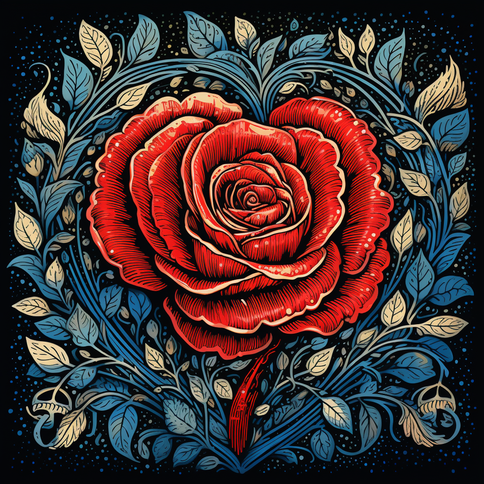 Eine rote Rose aus der Talisman-Kunstsammlung auf schwarzem Hintergrund, im Stil sehr detaillierter Illustrationen, hellbronze und dunkelblau, Liebe und Romantik, Wandmalerei, Holzschnitt, skurrile Illustration, romantische Emotionalität
