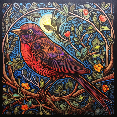 Illustration von Buntem Vogel, der auf einem Ast sitzt, mit einigen Beeren und Ästen umgeben, im Stil des Neon-Jugendstils, hellkarminrot und dunkelbronze, detailreiche Genregemälde, komplizierte Holzschnittdesigns
