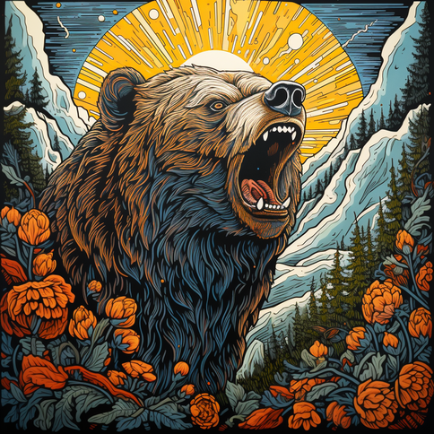 Die Sonne scheint über einem Bären in Gold-, Orange- und Brauntönen, im Stil von extrem detaillierten Illustrationen, Metalcore, lebendigen Landschaften, Plakatkunst, Dunkelgrau und Blau