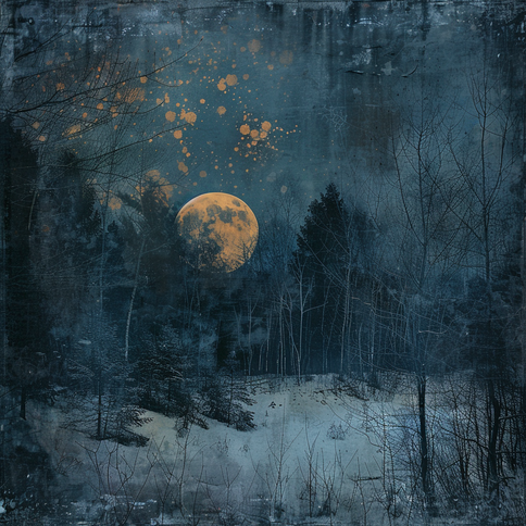 ein gelber Mond am Himmel über einer weiss-blauen Winterlandschaft, im Stil eindringlicher Porträts, dunkles Gold und Indigo, malerische Texturen, verstörend skurrile, atmosphärische Waldbilder, präzisionistische Kunst, Tonalismus