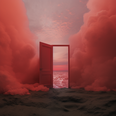 Eine rote geöffnete Türe steht an einem Strand dahinter sieht man das Meer ebenfalls in rot, links und rechts steigen grosse rote Rauchschwaden auf, der Sand vor der Türe ist dunkelbraun der Himmel und Horizont ist ebenfalls rot gefärbt 