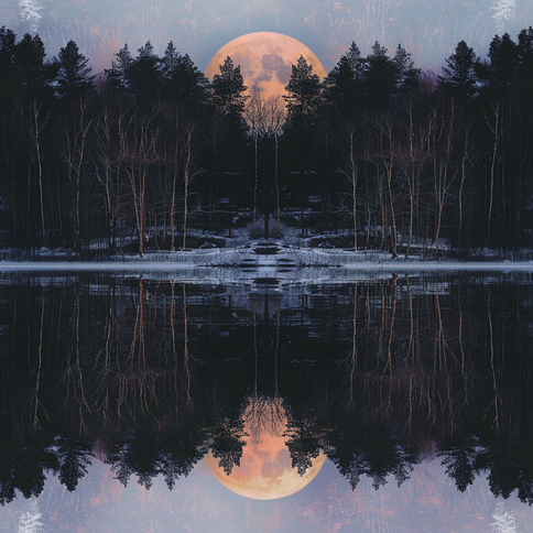 Vollmond reflektiert auf Wasser, Wald und Bäumen, im Stil surrealer Collagenlandschaften, grafisch und symmetrisch, zeitgenössische skandinavische Kunstgotisch dunkel und verziert,
