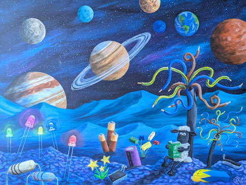 Acrylbild mit Sternenhimmel, allen Planeten und im Vordergrund Shaun das Schaf, das ein Elektronikbuch liest. Shaun sitzt unter einem Kabelbaum, um ihn herum elektronische Bauteile, eine Sternenpflanze und eine Lego-Pflanze.