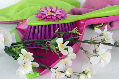 Handfeger mit frisch hellgrünem Griff und dunkelrosa Borsten. Die Schaufel, auf der er liegt, ist pink. Vorne, halb auf der Schaufel, ein Zweig mit weißen Blüten. Hinten einige Putzlappen in Hellgrün und Rosa.