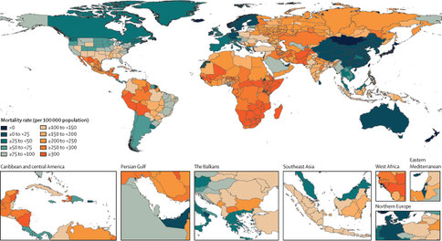 Répartition mondiale des taux de surmortalité standardisés selon l’âge dus à la pandémie de COVID-19, 2020 et 2021 combinés