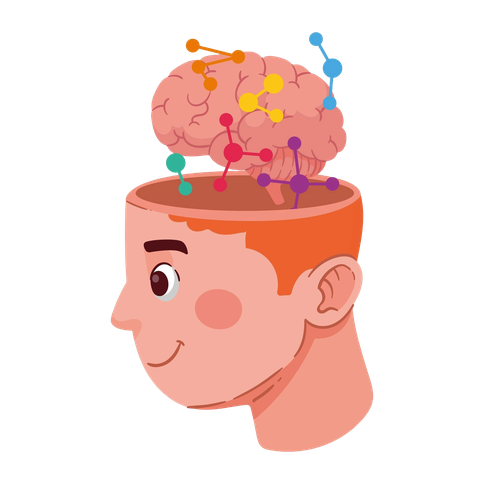 Illustration of a colorful brain connecting inside a boy's head, symbolizing the cognitive benefits of Spanish lessons