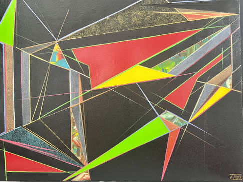 Abstraktes Gemälde „VARIA“ von Andreas Alka (alias FLoyd). Auf schwarz glänzenden Grund tummeln sich geradezu schwebend erscheinende Bunte, zum teil dreieckige, freundlich wirkende Farbflächen.