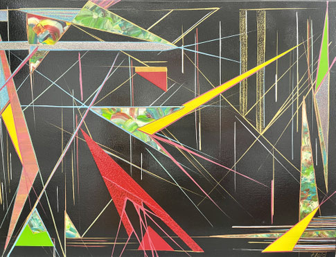 Abstraktes Gemälde „TRIVIA“ von Andreas Alka (alias FLoyd). Auf schwarz glänzenden Grund tummeln sich geradezu schwebend erscheinende Farblinien und Bunte, zum teil dreieckige, freundlich wirkende Farbflächen. 80 x60 cm.