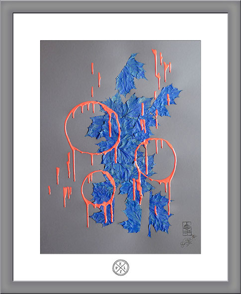 Exponattitel: Feuerringe (Umkreist von Seelennot) - Exponatgröße: 50 x 70 - Art: Mischtechnik, natürlich gewachsene Blätter, beschnitten, gefärbt, auf Papier / Farbe: Acryl - Signatur: datiert, signiert - © by Emil Pelz 2017