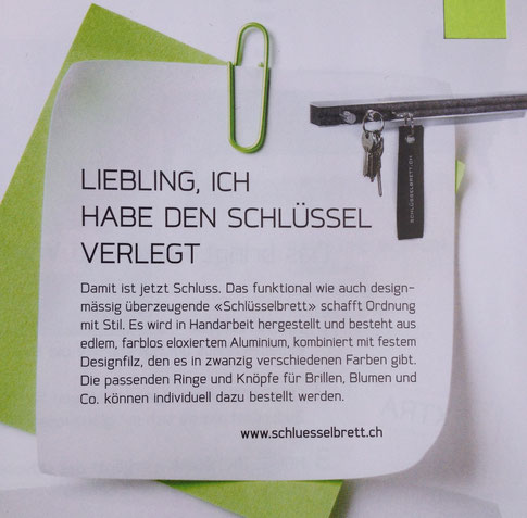 Raum und Wohnen Magazin, Medienbericht schlüsselbrett, Alu Designleiste, Design Award, genial einfach, multifunktional, Ordnungswunder, Designfilz, Garderobe, Küche, Bad 