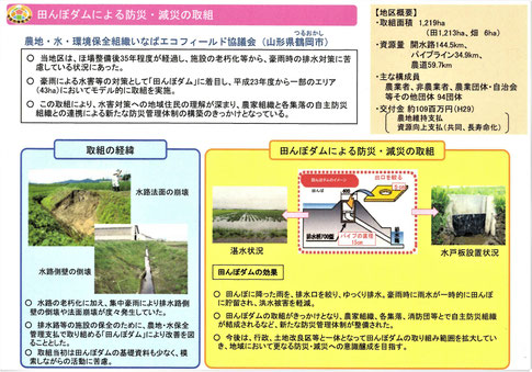 豪雨対策に有効な、田んぼダムのご紹介です。雨水を貯留し、当地や道路冠水を防いだり都市部への洪水を緩和したりする効果があります。